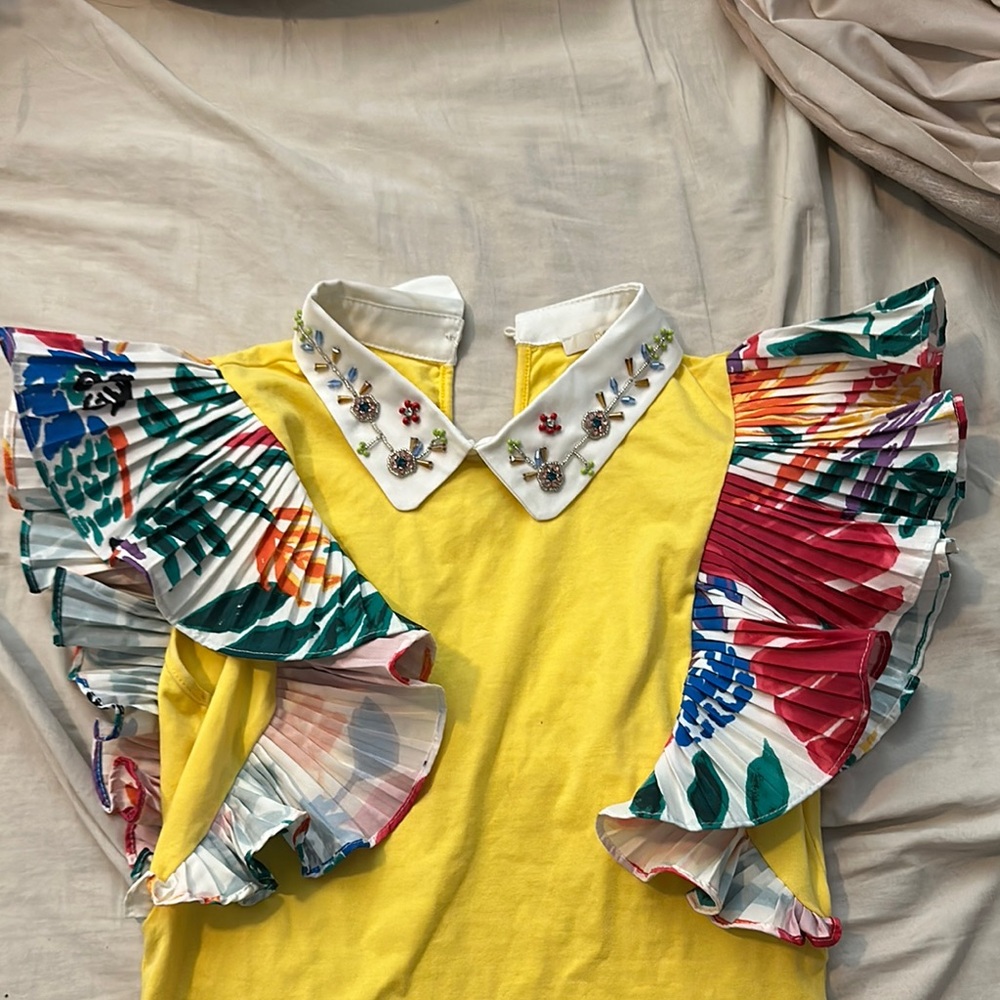 Pastels Yellow Blouse with Ruffled Flutter Sleeves and Bib Collar